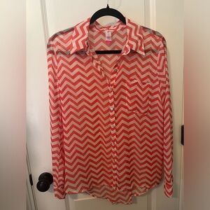 No Boundaries Coral Striped Sheer Button Up Long Sleeve Juniors large